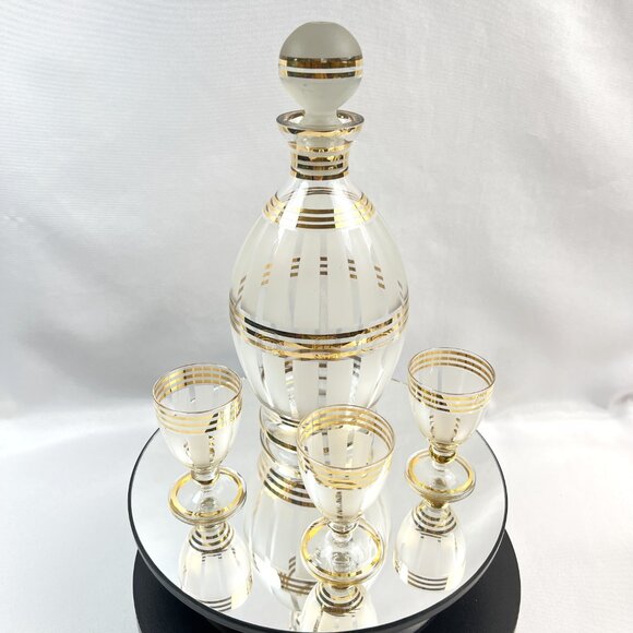Frosted Vintage Glass Decanter Set Gold Striped with Stopper & 3 Stemmed Glasses - Picture 7 of 11